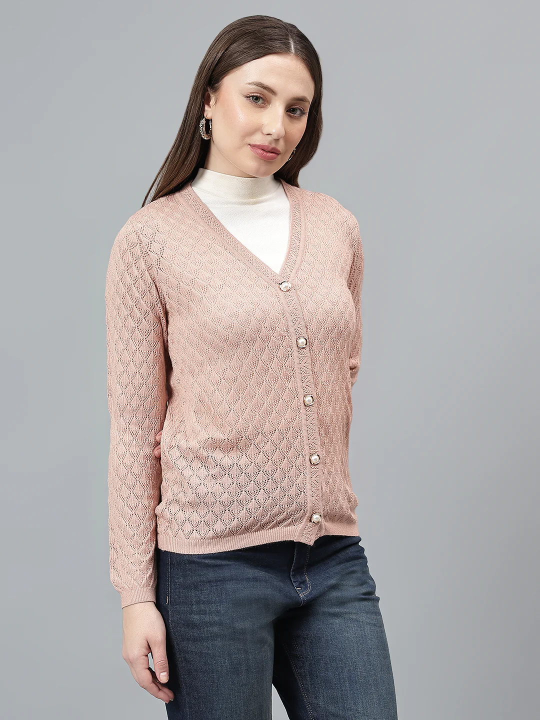 Women's Self Design Dusty Pink Full Sleeves Casual Sweater - Image 5