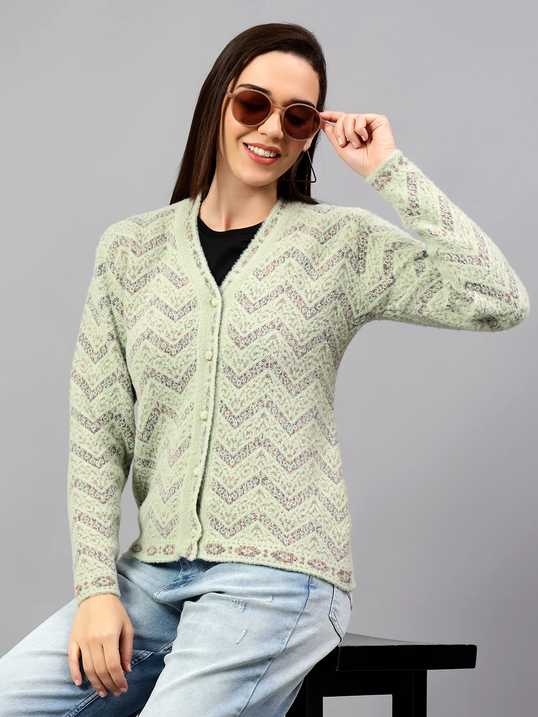 Women's Self Design Green Full Sleeve Cardigan Casual Sweater - Image 3