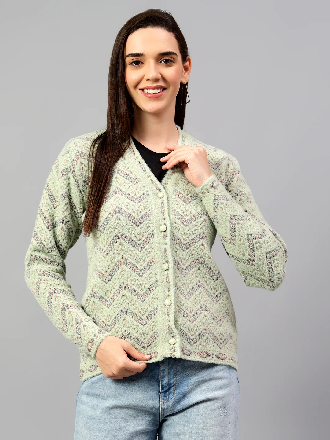 Women's Self Design Green Full Sleeve Cardigan Casual Sweater - Image 4