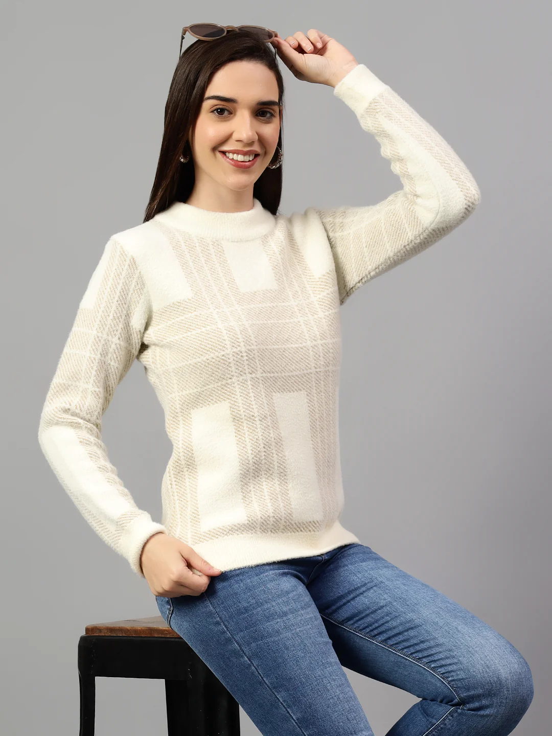 Women's Self Design Ivory Full Sleeve Casual Sweater - Image 2
