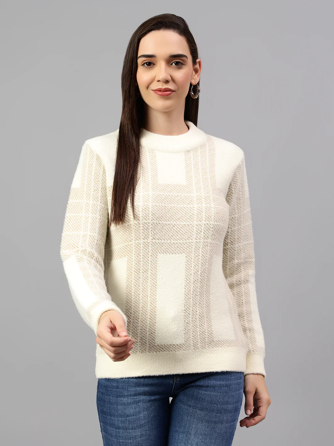 Women's Self Design Ivory Full Sleeve Casual Sweater - Image 3
