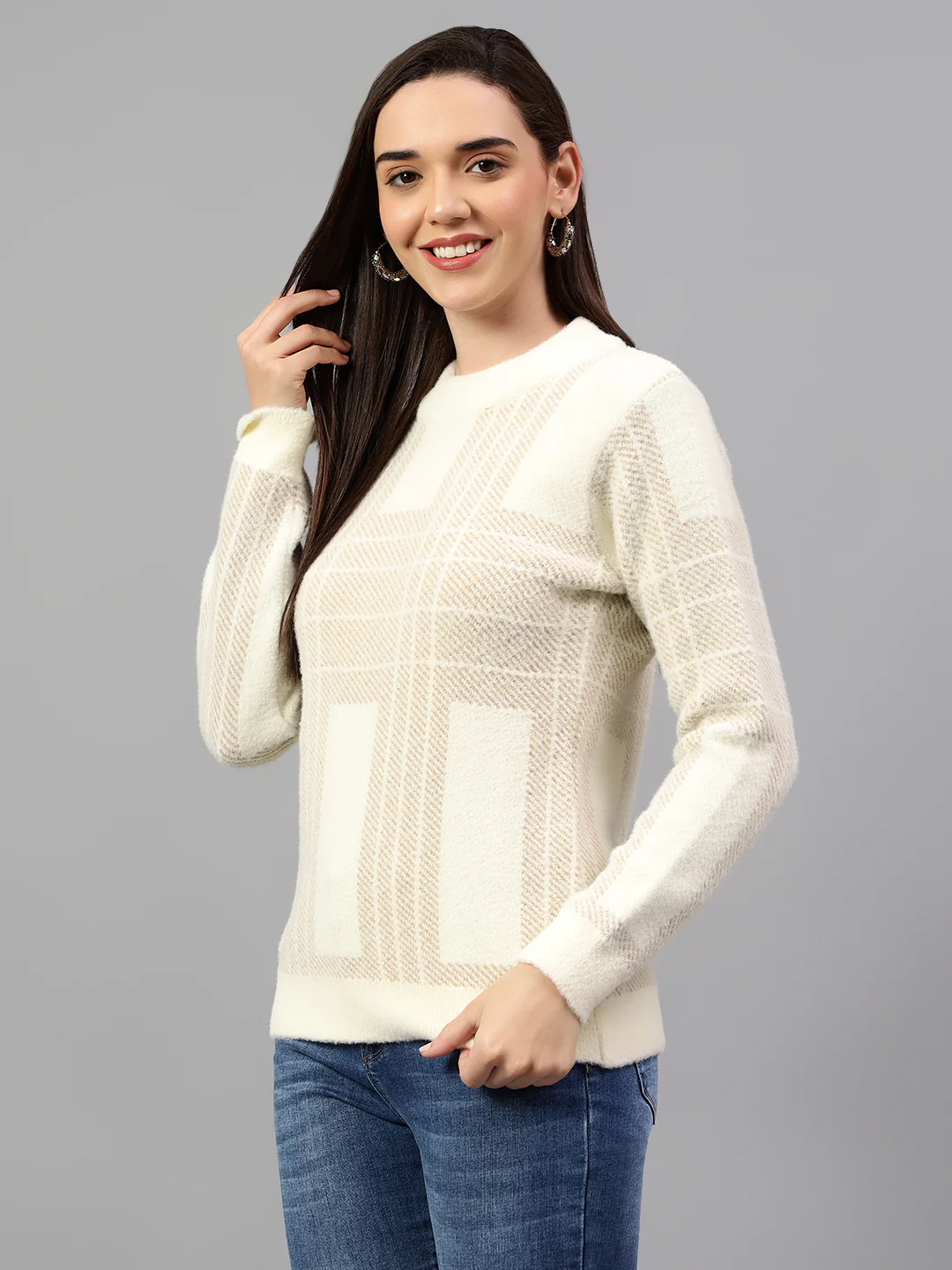 Women's Self Design Ivory Full Sleeve Casual Sweater - Image 4