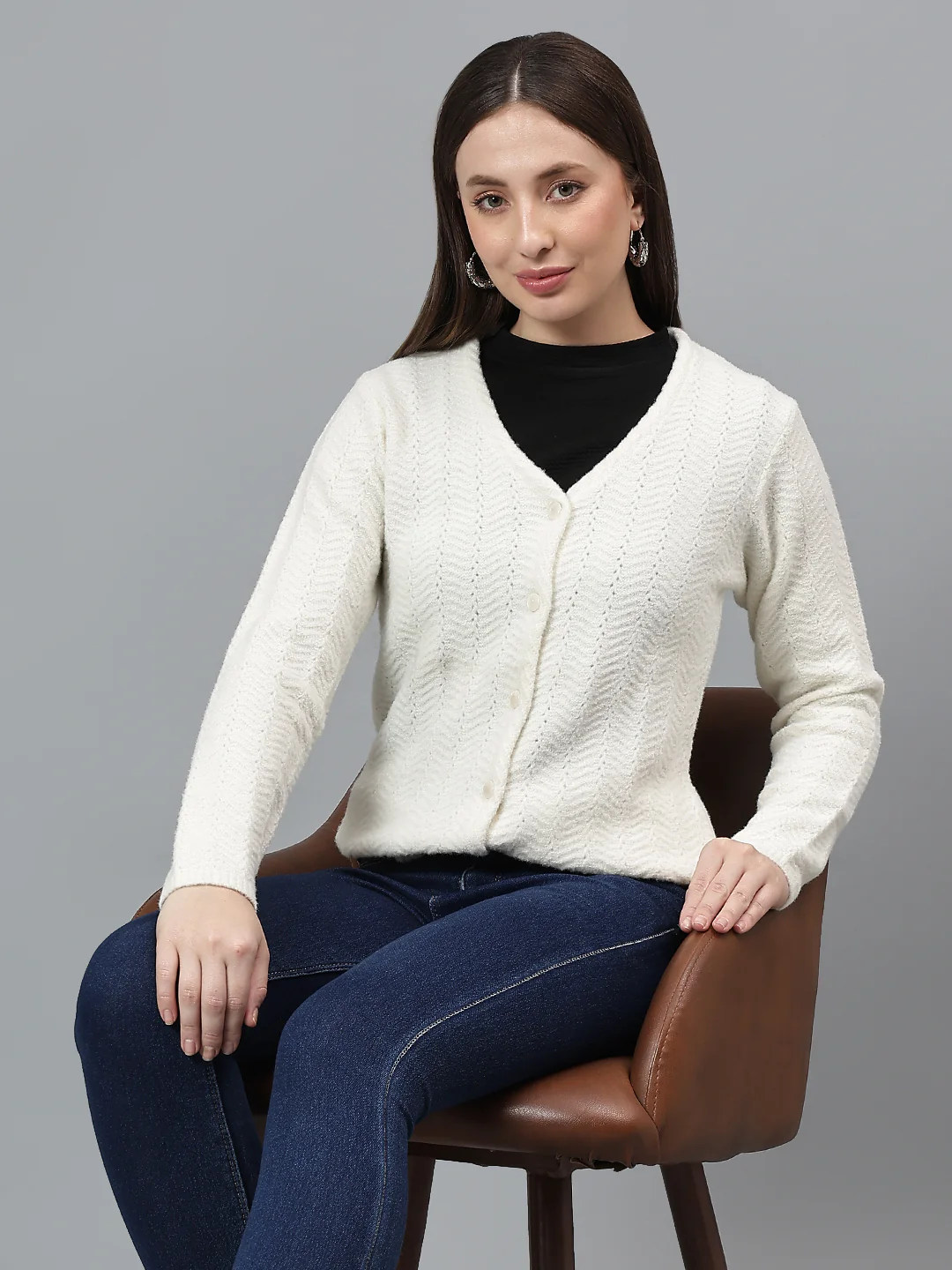 Women's Self Design Ivory Full Sleeves Casual Sweater - Image 2