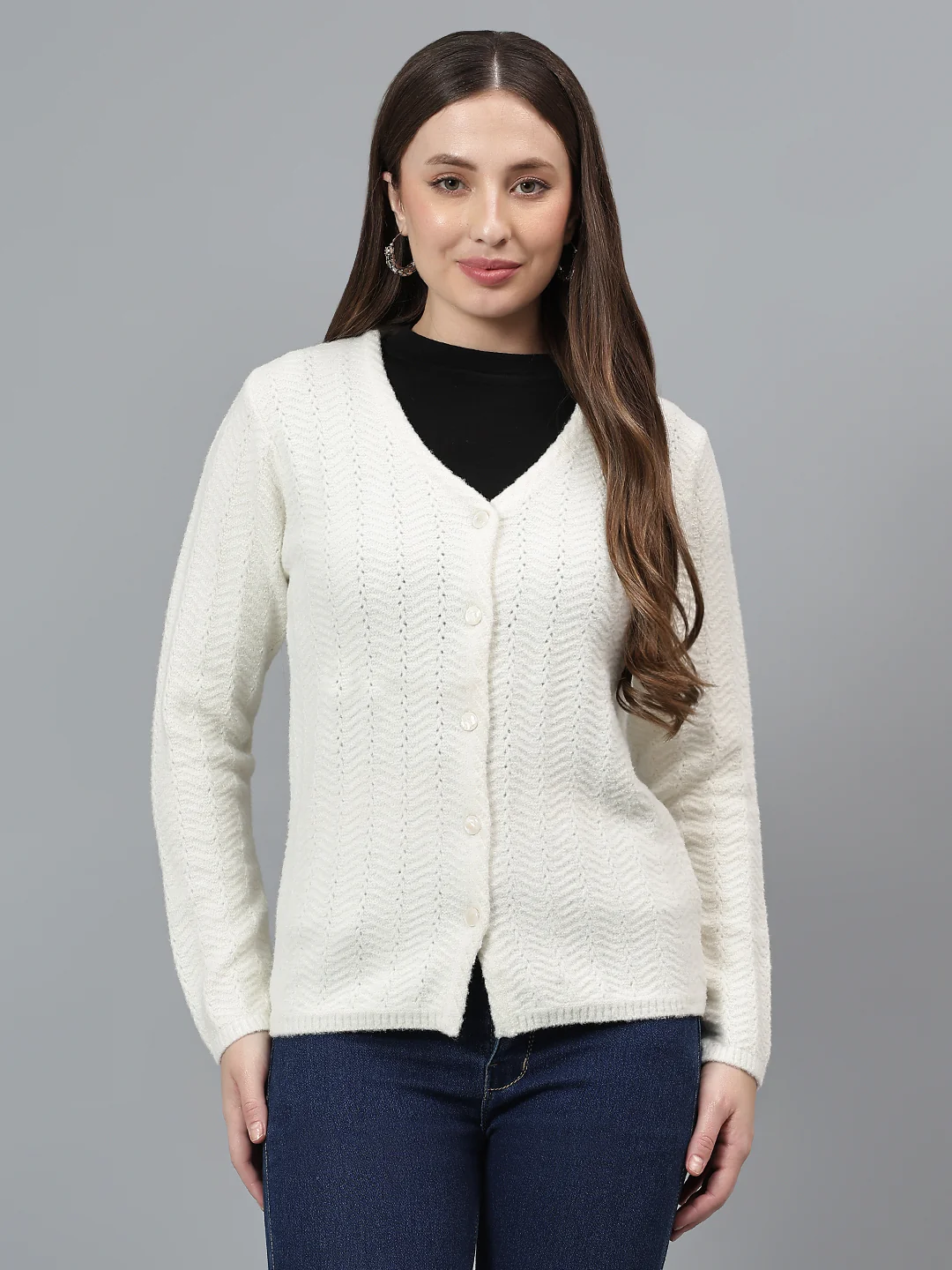 Women's Self Design Ivory Full Sleeves Casual Sweater - Image 3