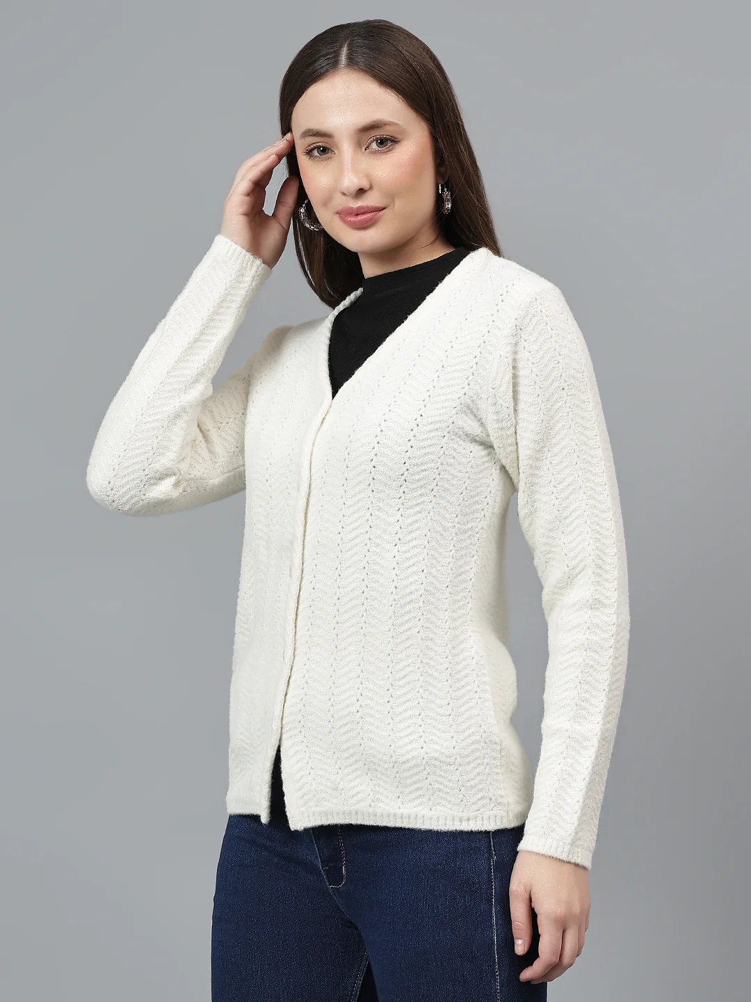 Women's Self Design Ivory Full Sleeves Casual Sweater - Image 4