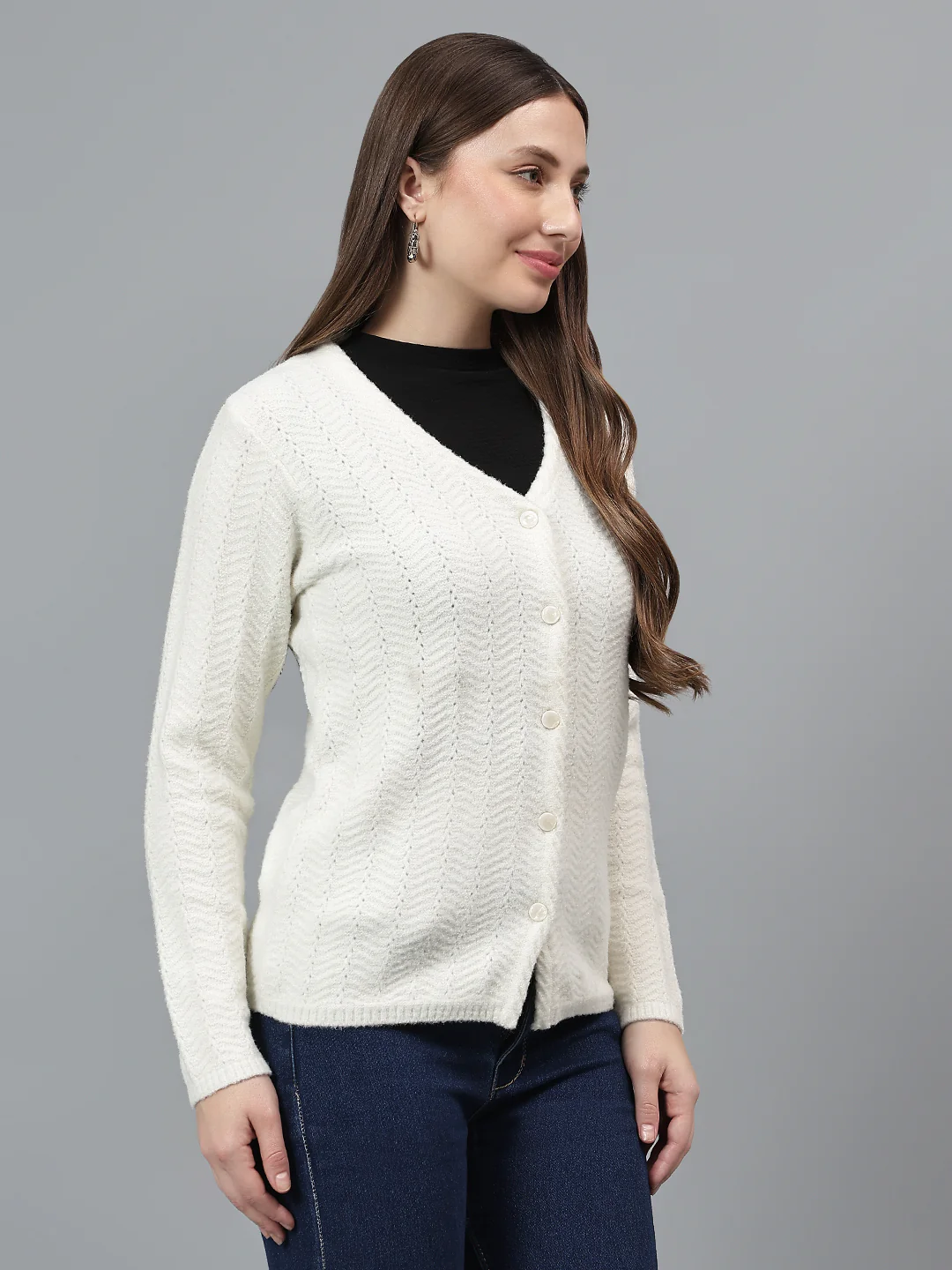 Women's Self Design Ivory Full Sleeves Casual Sweater - Image 5