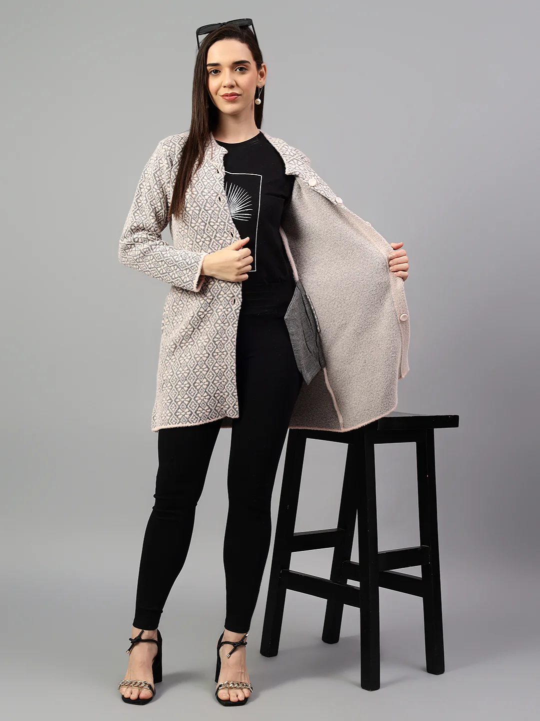 Women's Self Design Pink Full Sleeve Cardigan Casual Sweater - Image 3
