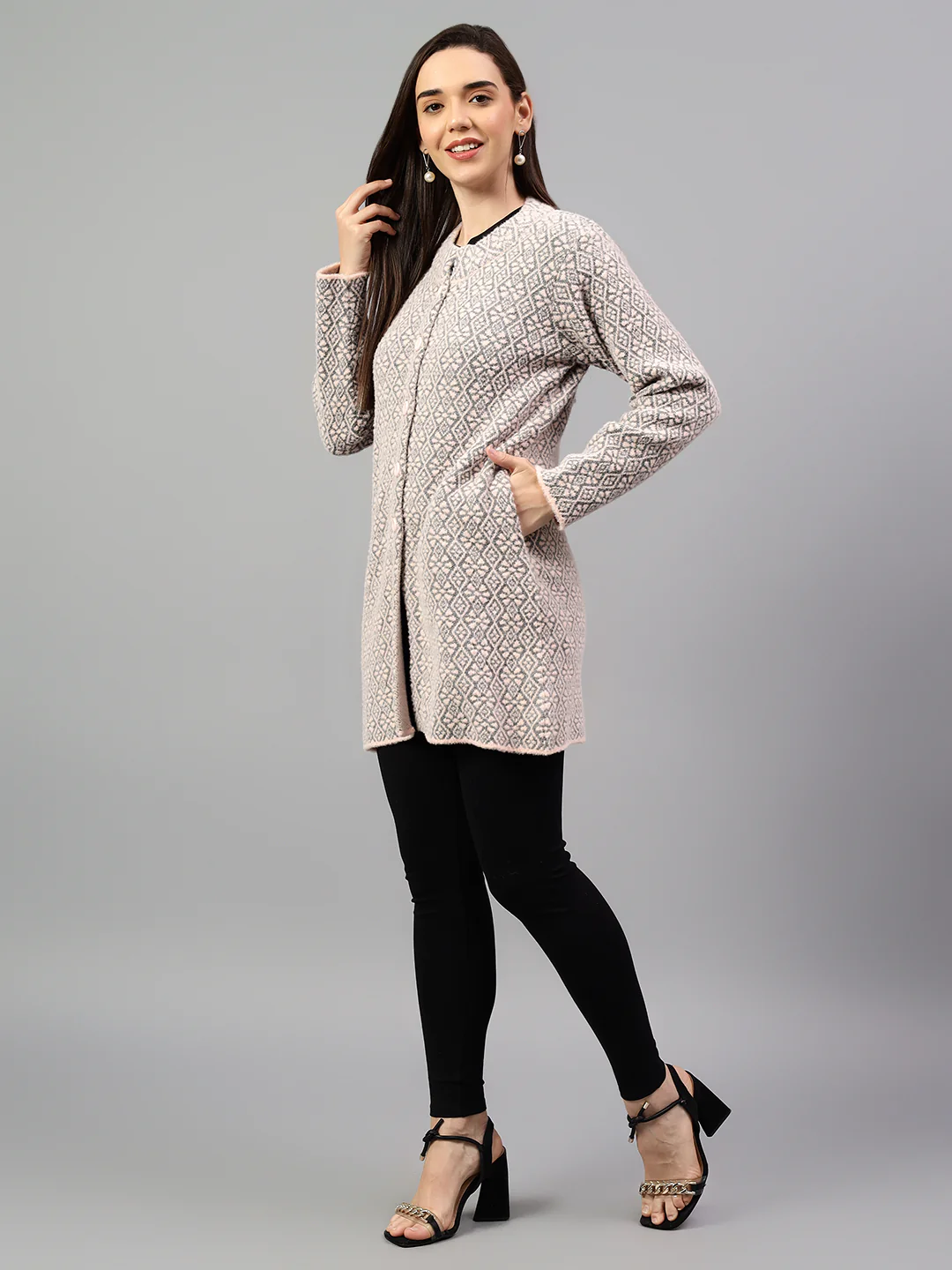 Women's Self Design Pink Full Sleeve Cardigan Casual Sweater - Image 4