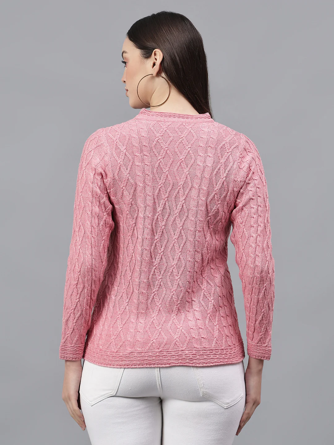 Women's Self Design Pink V-Neck Full Sleeves Casual Sweater - Image 3