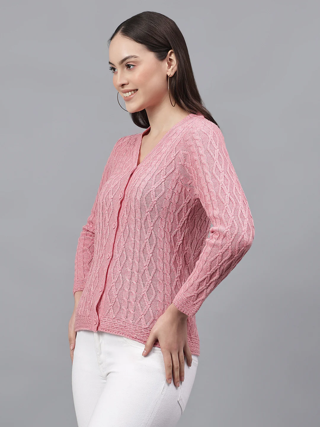 Women's Self Design Pink V-Neck Full Sleeves Casual Sweater - Image 4
