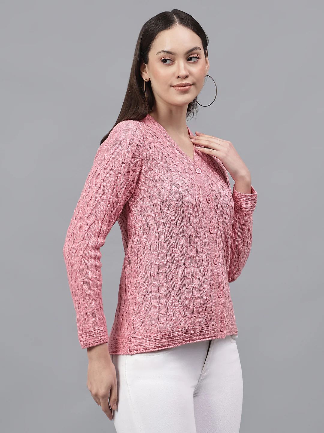 Women's Self Design Pink V-Neck Full Sleeves Casual Sweater - Image 5