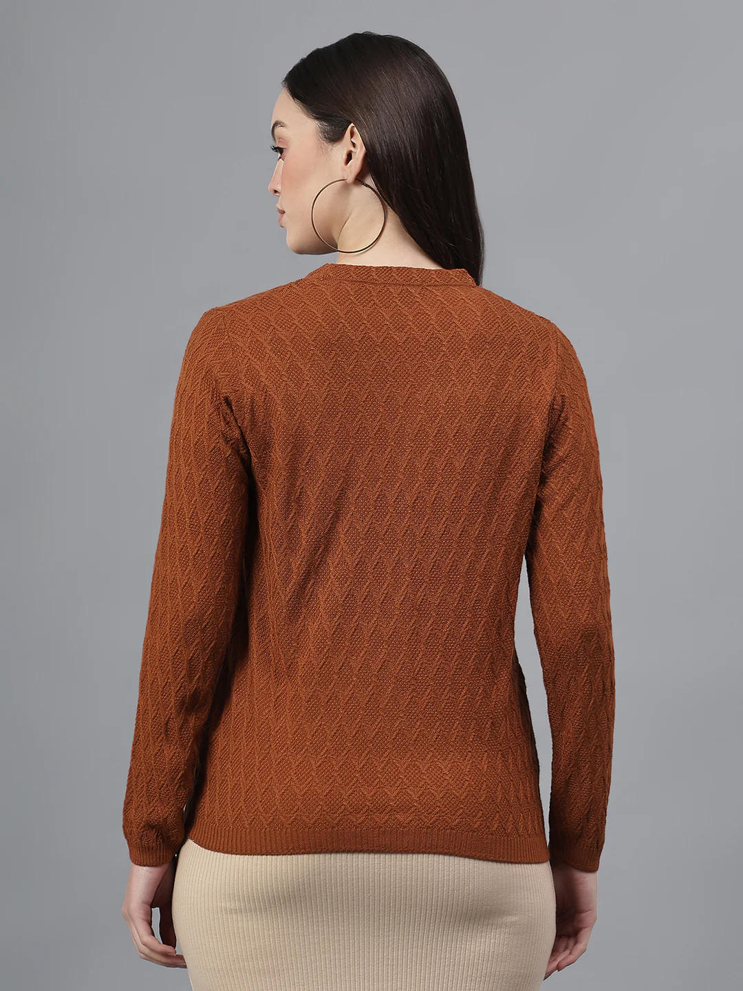 Women's Self Design Tan V-Neck Full Sleeves Casual Sweater - Image 3