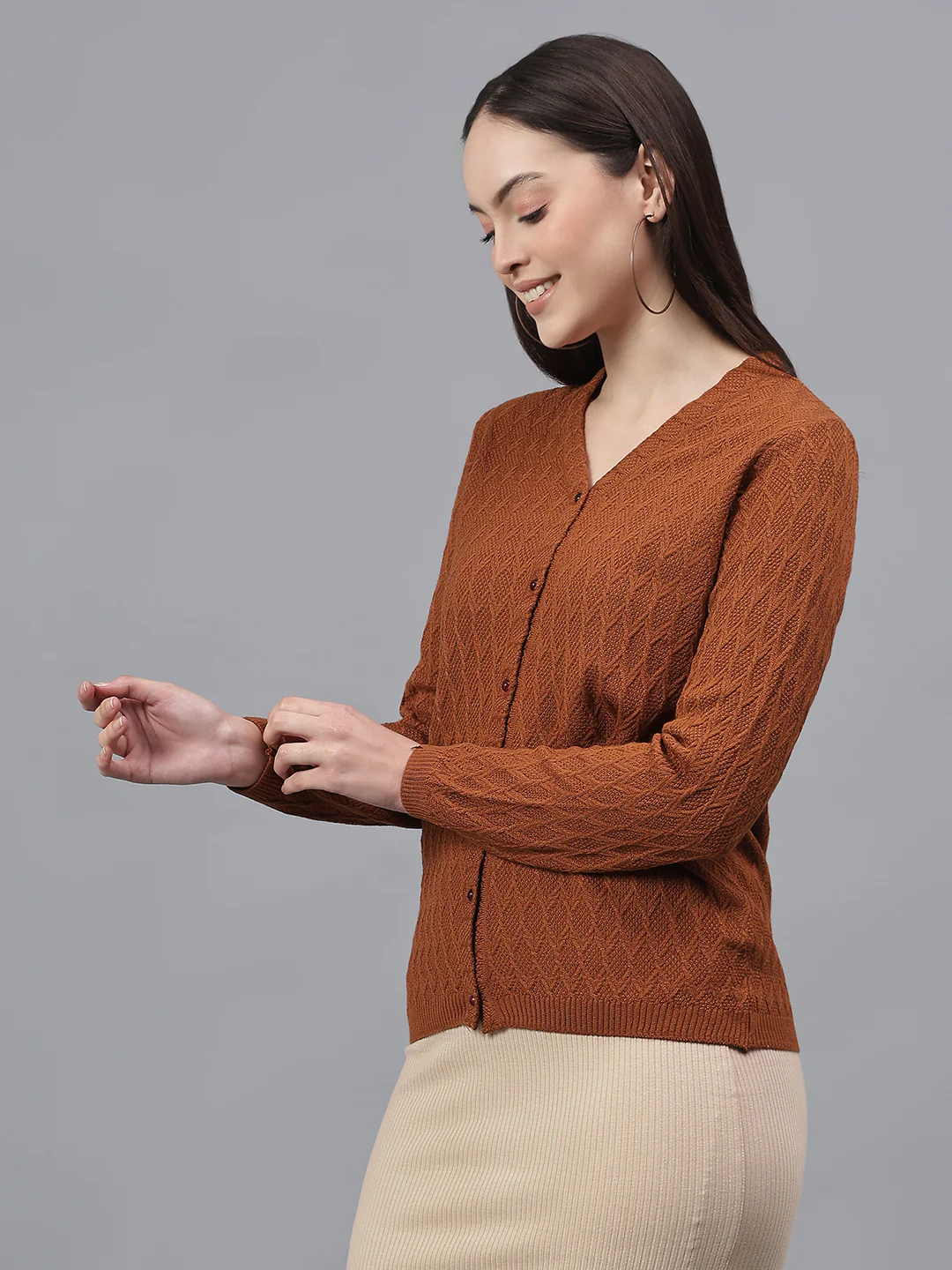 Women's Self Design Tan V-Neck Full Sleeves Casual Sweater - Image 4