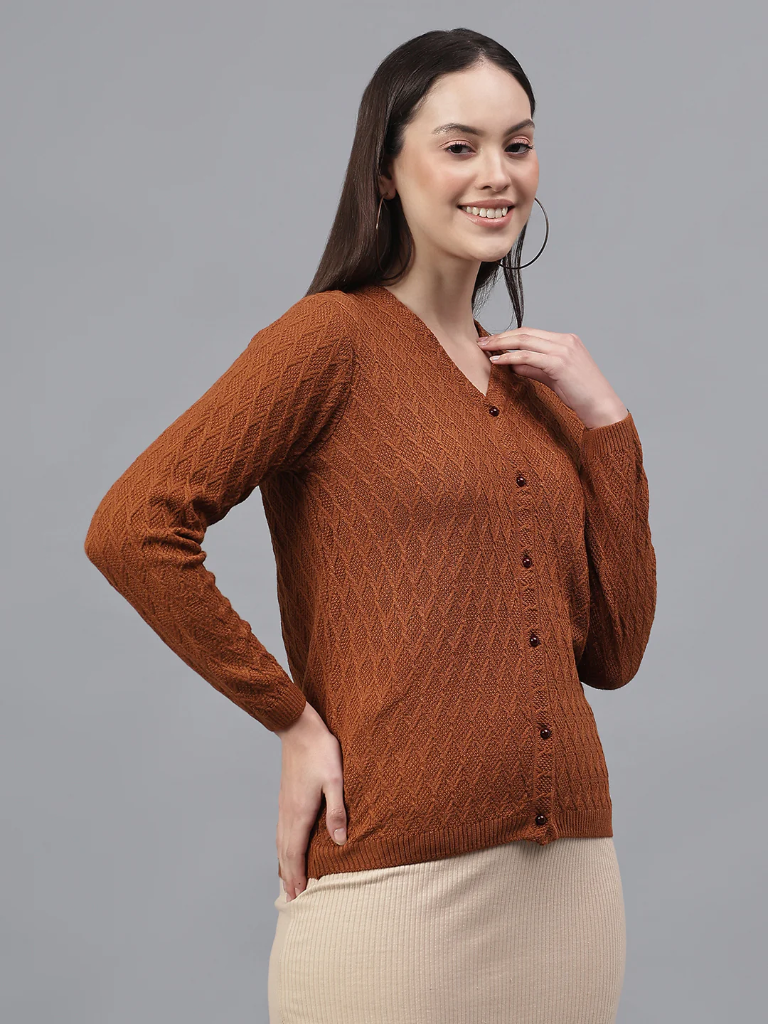 Women's Self Design Tan V-Neck Full Sleeves Casual Sweater - Image 5