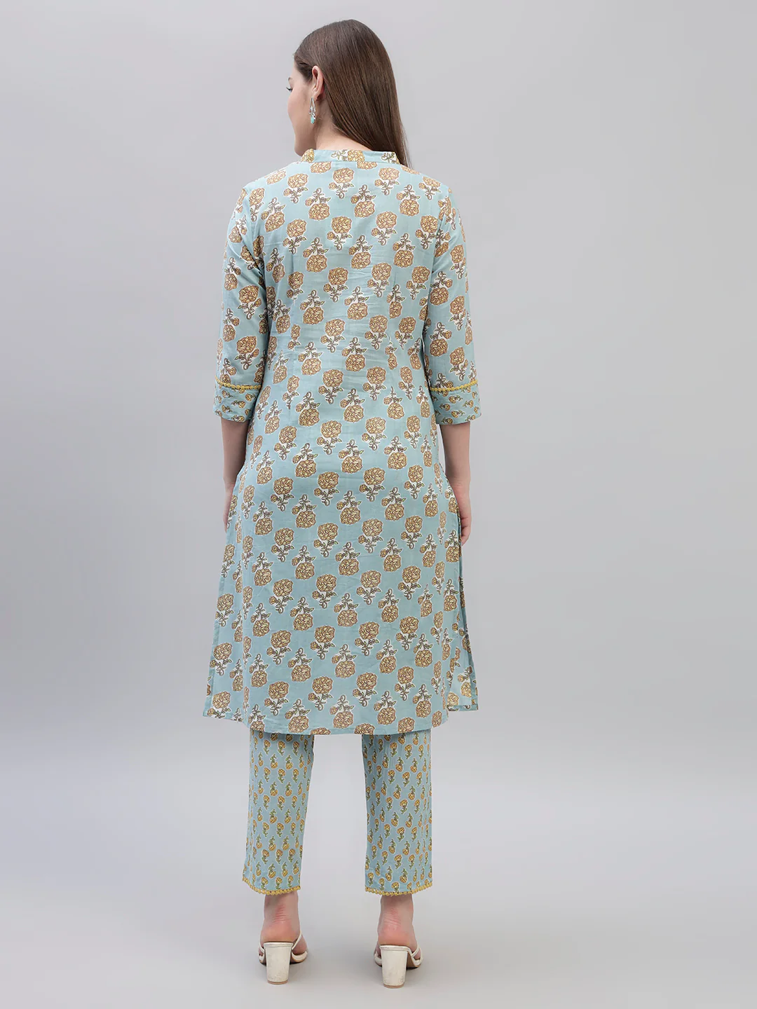 Women's Sky Blue Printed 3/4th Sleeves Round Neck Casual Kurti Plazo Set - Image 6