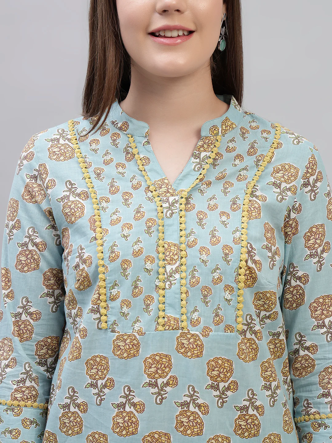 Women's Sky Blue Printed 3/4th Sleeves Round Neck Casual Kurti Plazo Set - Image 8