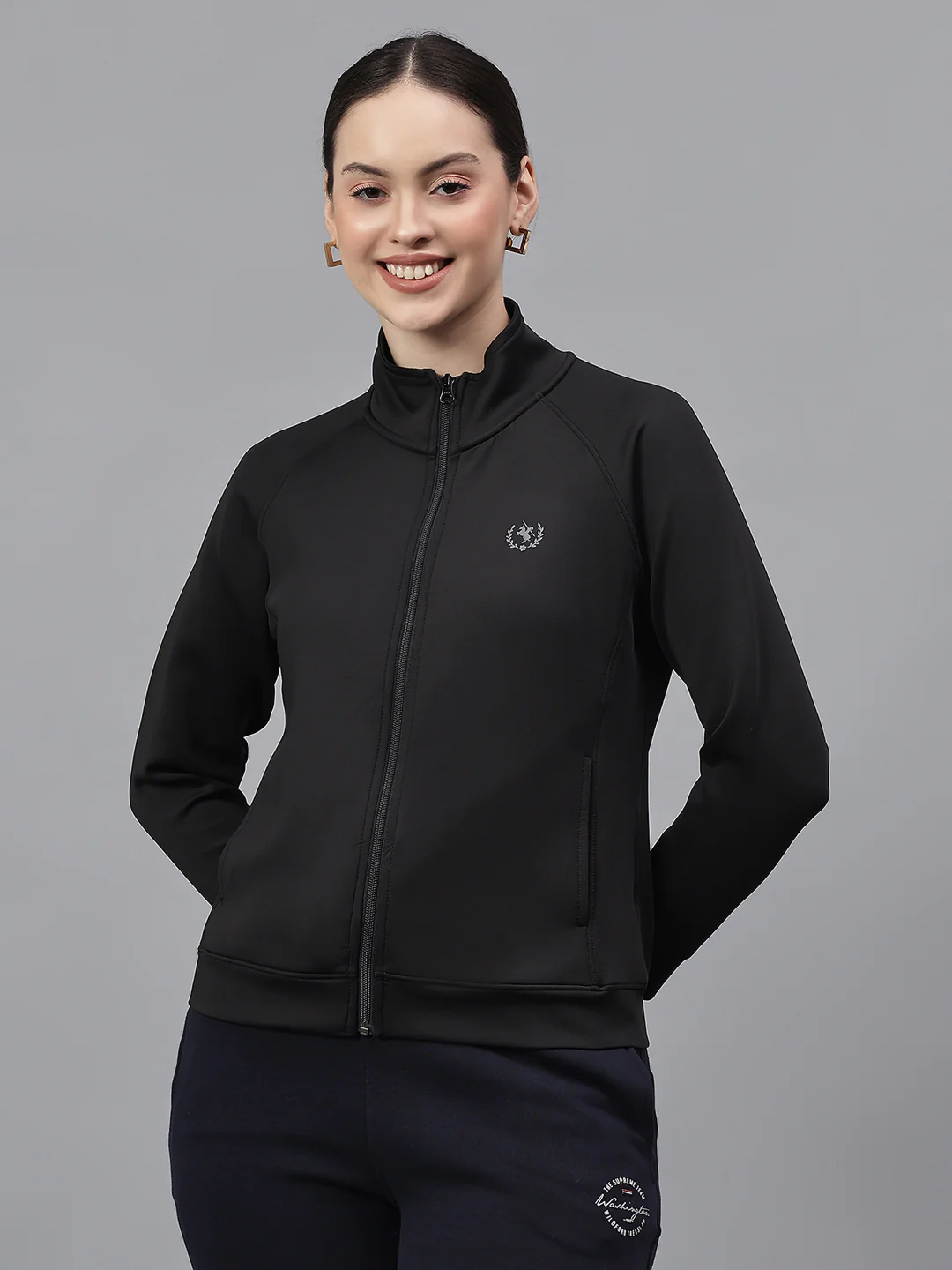 Women's Solid Black High Neck Full Sleeves Casual Jacket - Image 2