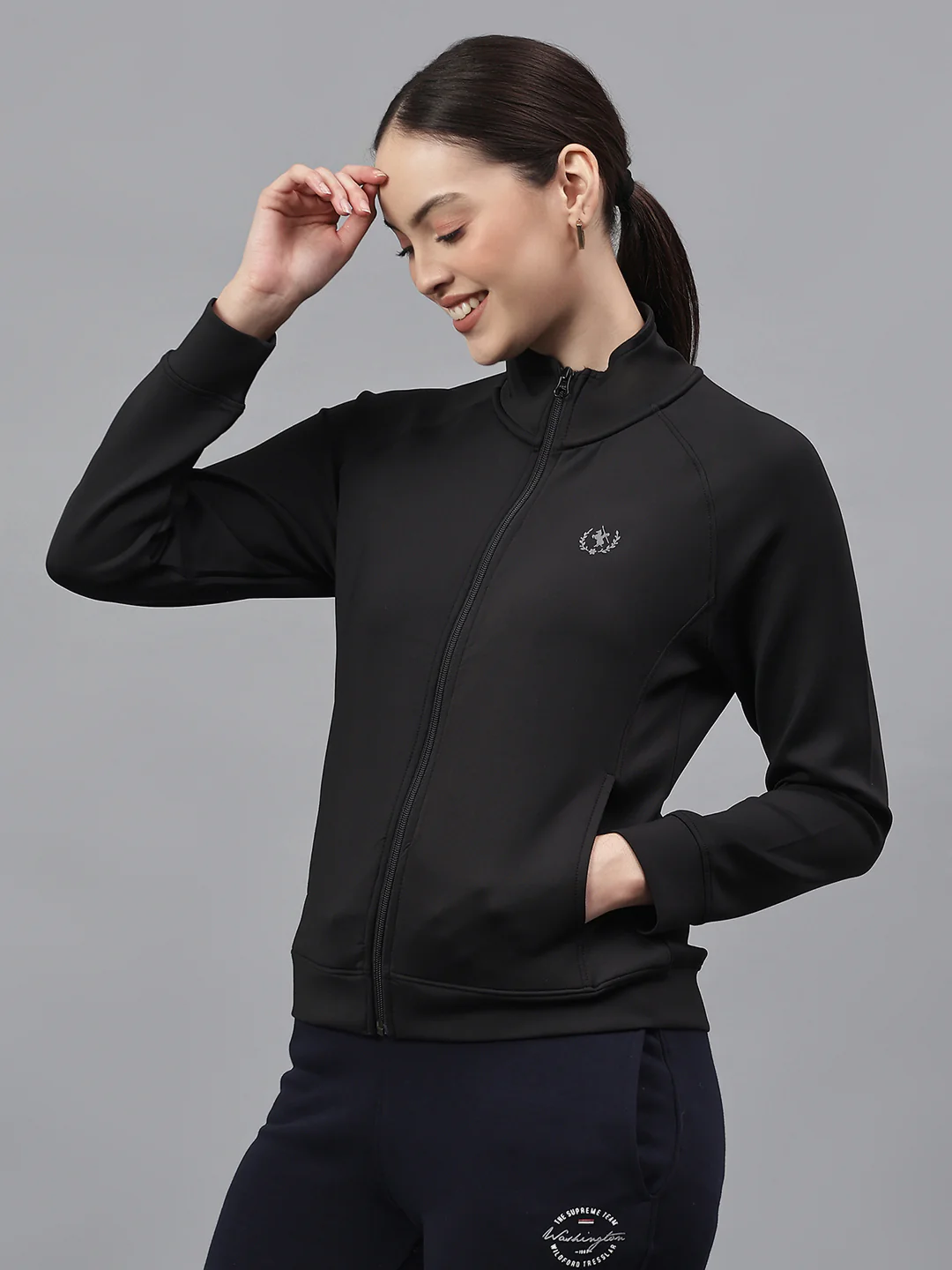 Women's Solid Black High Neck Full Sleeves Casual Jacket - Image 3