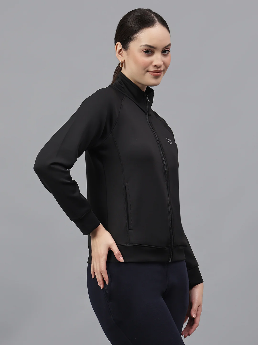 Women's Solid Black High Neck Full Sleeves Casual Jacket - Image 4