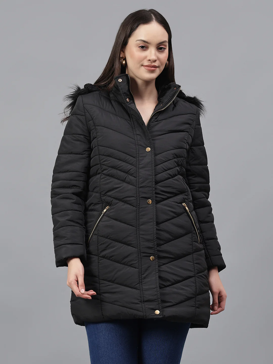 Women's Solid Black Hooded Neck Full Sleeves Casual Jacket - Image 2