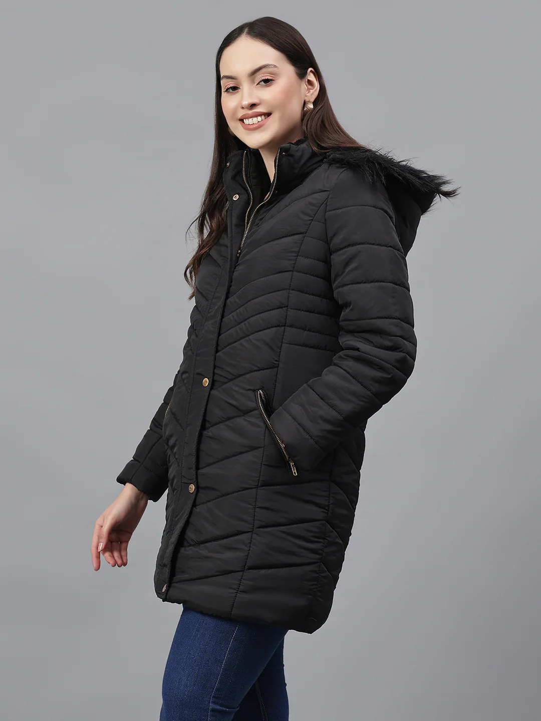 Women's Solid Black Hooded Neck Full Sleeves Casual Jacket - Image 3