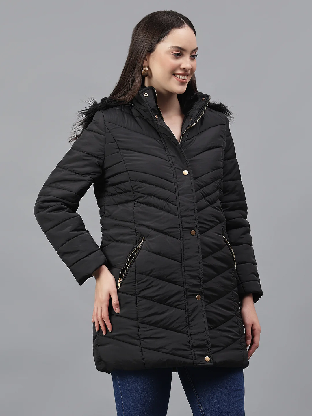 Women's Solid Black Hooded Neck Full Sleeves Casual Jacket - Image 4