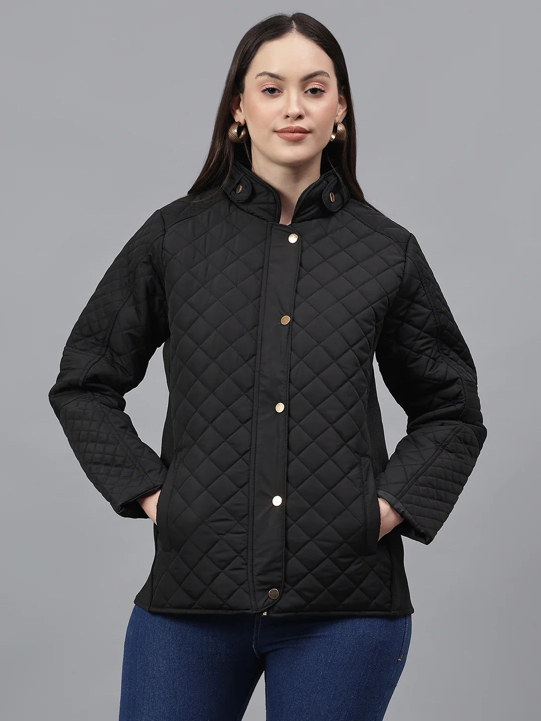 Women's Solid Black Mock Neck Full Sleeves Casual Jacket - Image 2