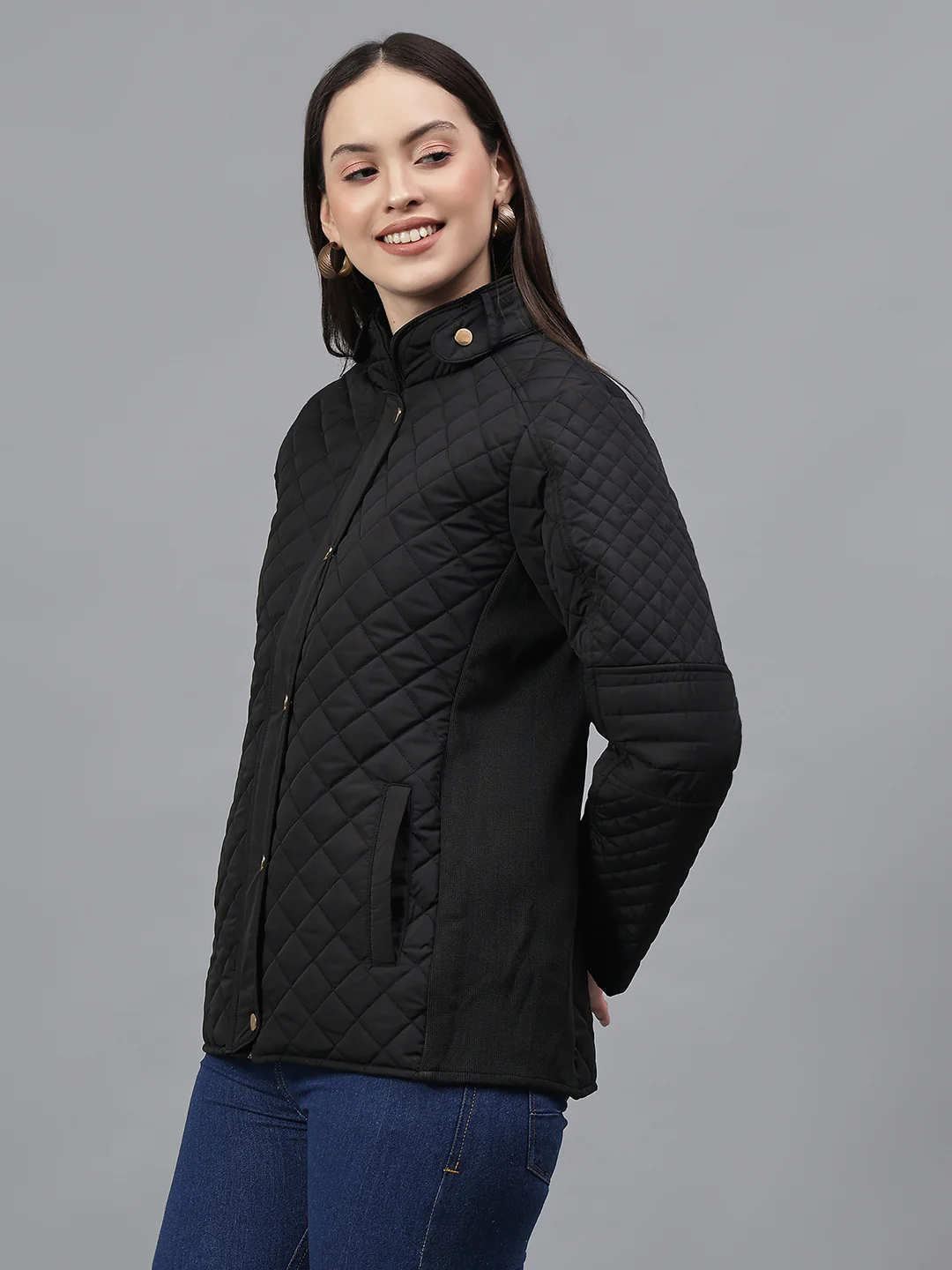 Women's Solid Black Mock Neck Full Sleeves Casual Jacket - Image 3