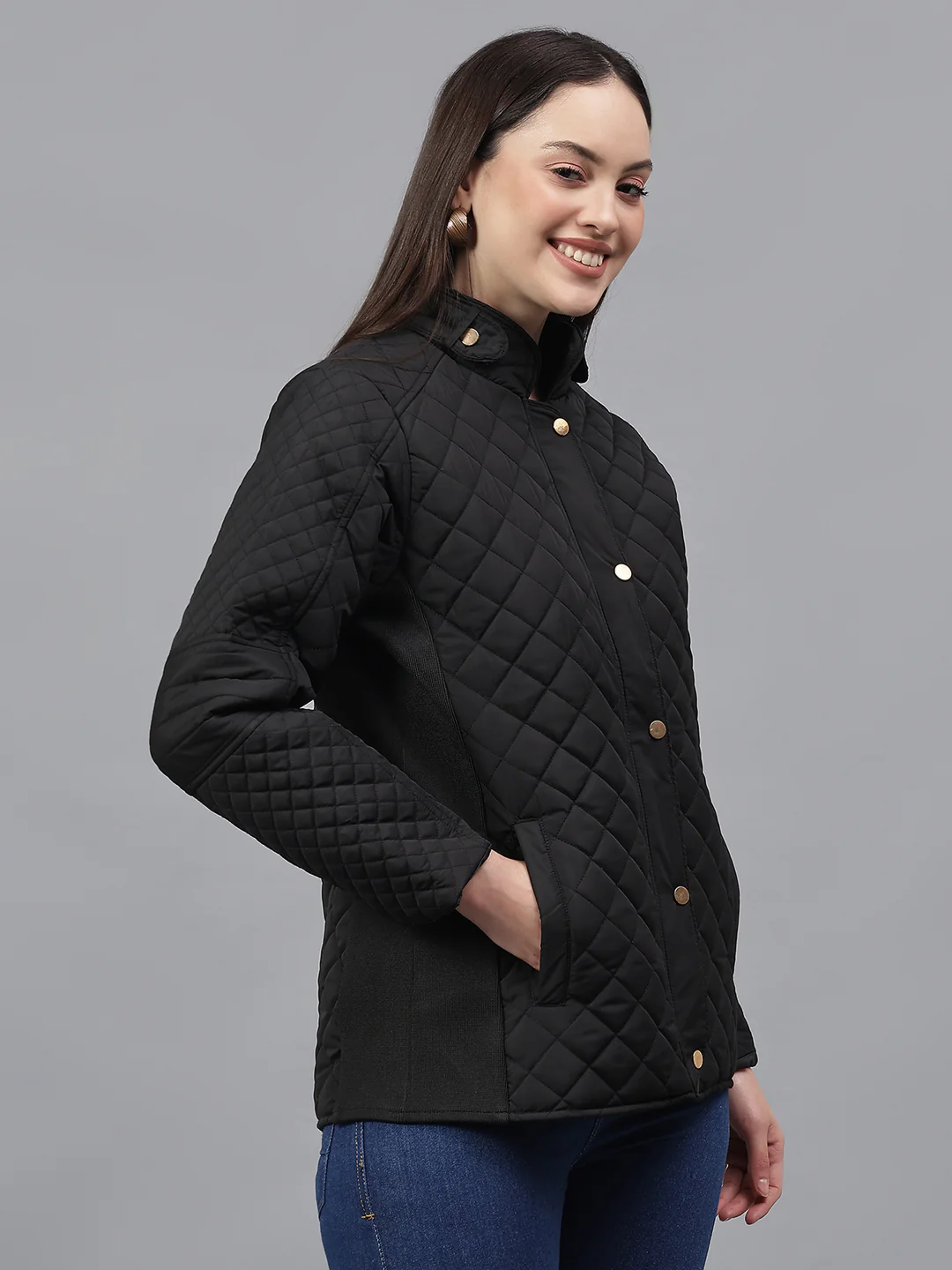 Women's Solid Black Mock Neck Full Sleeves Casual Jacket - Image 4