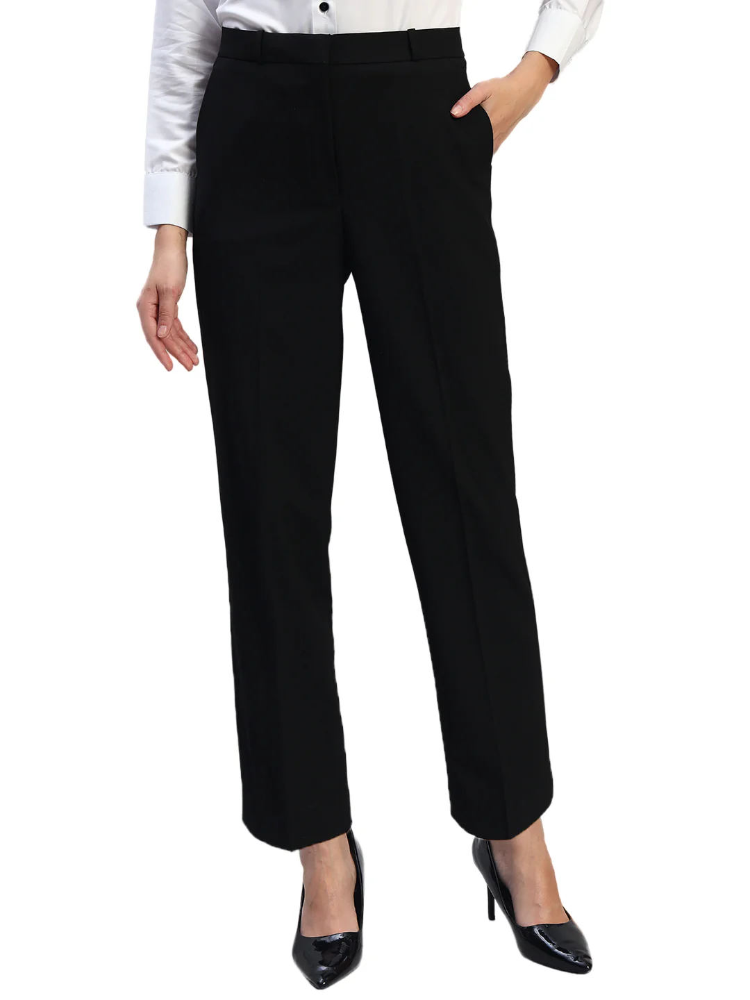 Women's Solid Black Regular Fit Formal Trouser - Image 2