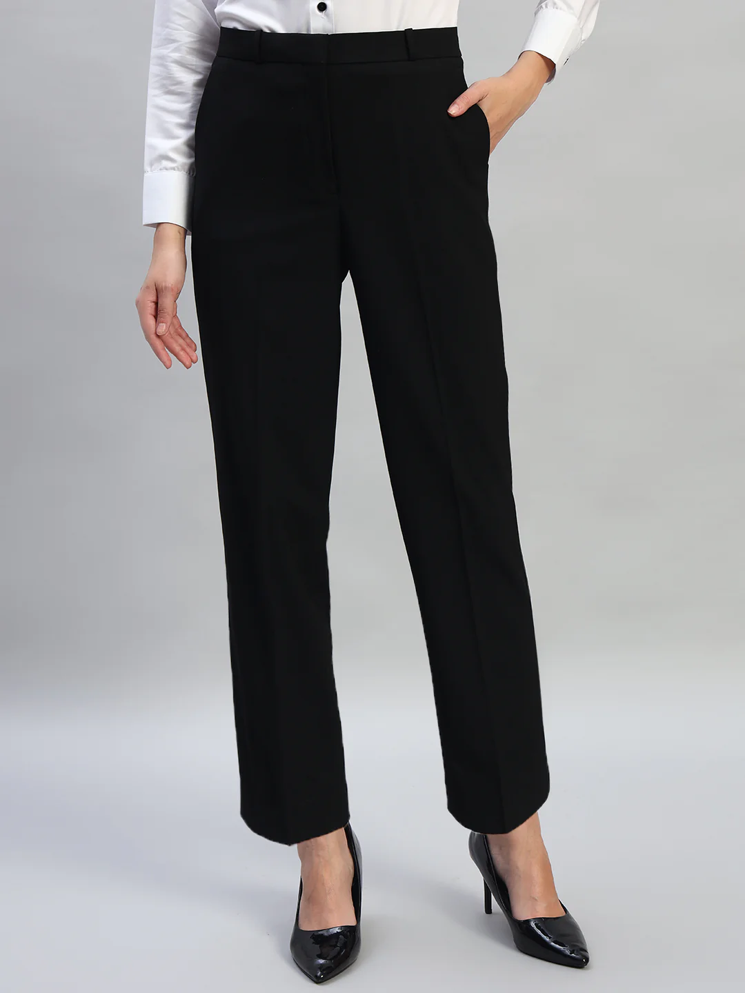 Women's Solid Black Regular Fit Formal Trouser - Image 3