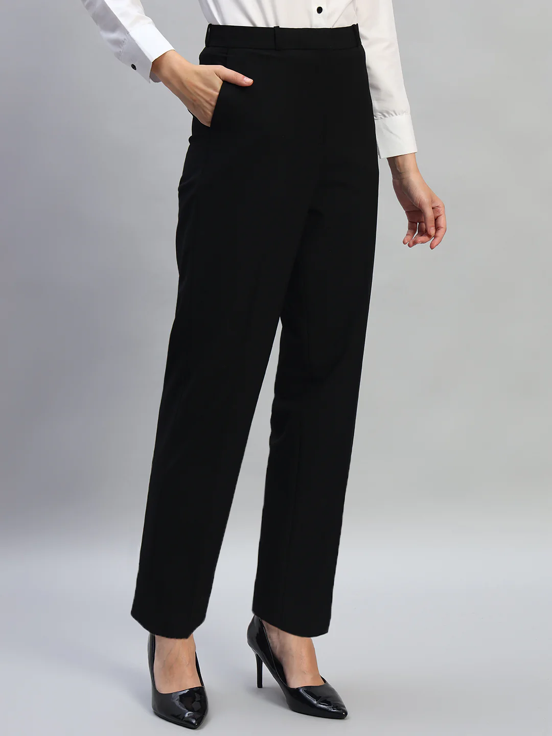 Women's Solid Black Regular Fit Formal Trouser - Image 6