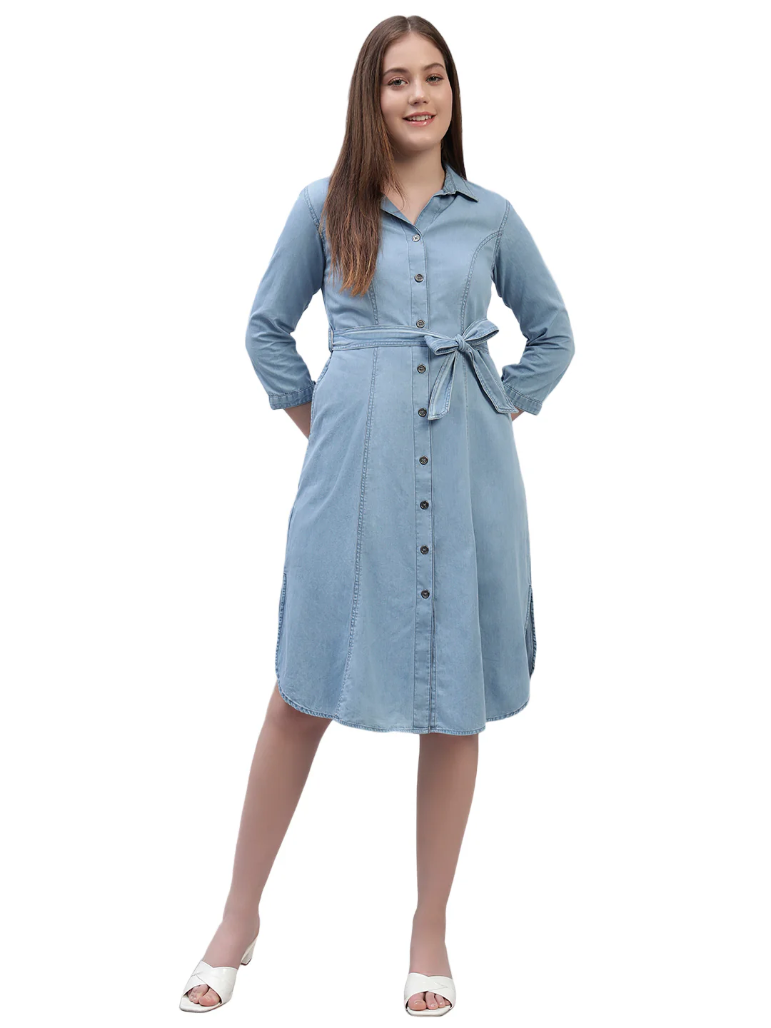 Women's Solid Blue 3/4th Sleeves Spread Collar Casual Dress - Image 2