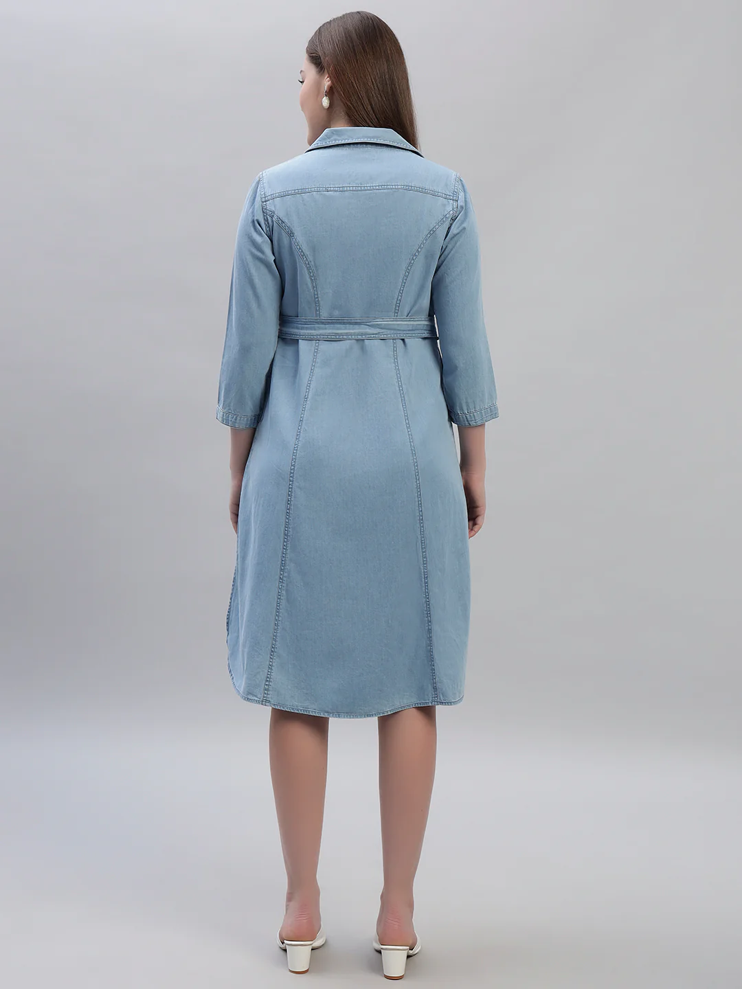 Women's Solid Blue 3/4th Sleeves Spread Collar Casual Dress - Image 3