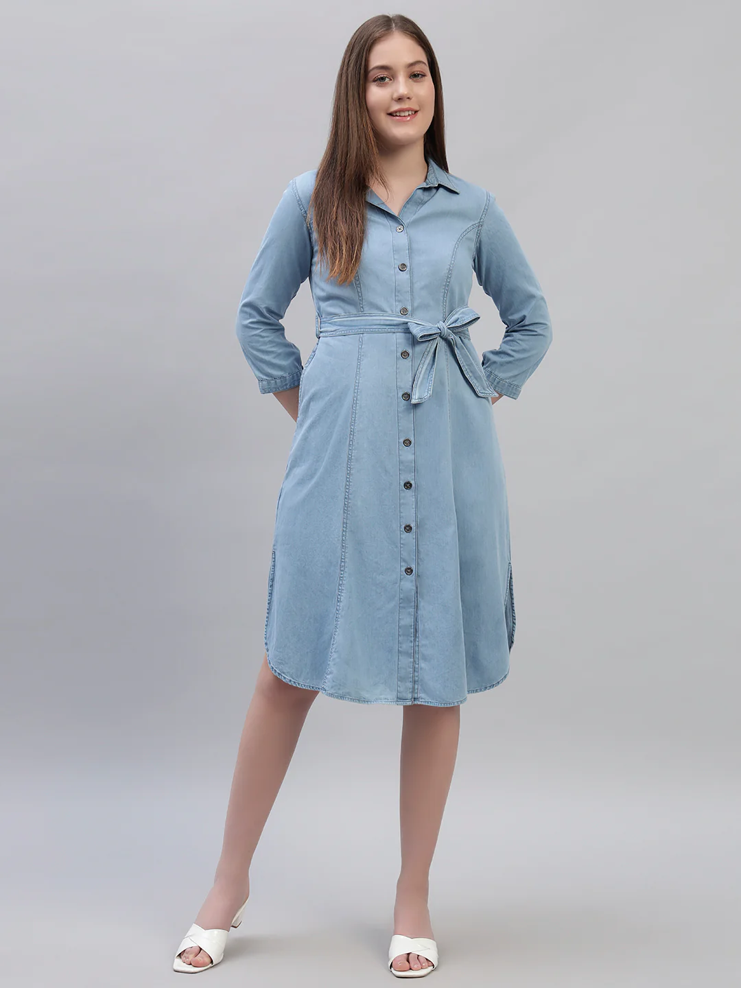 Women's Solid Blue 3/4th Sleeves Spread Collar Casual Dress - Image 4