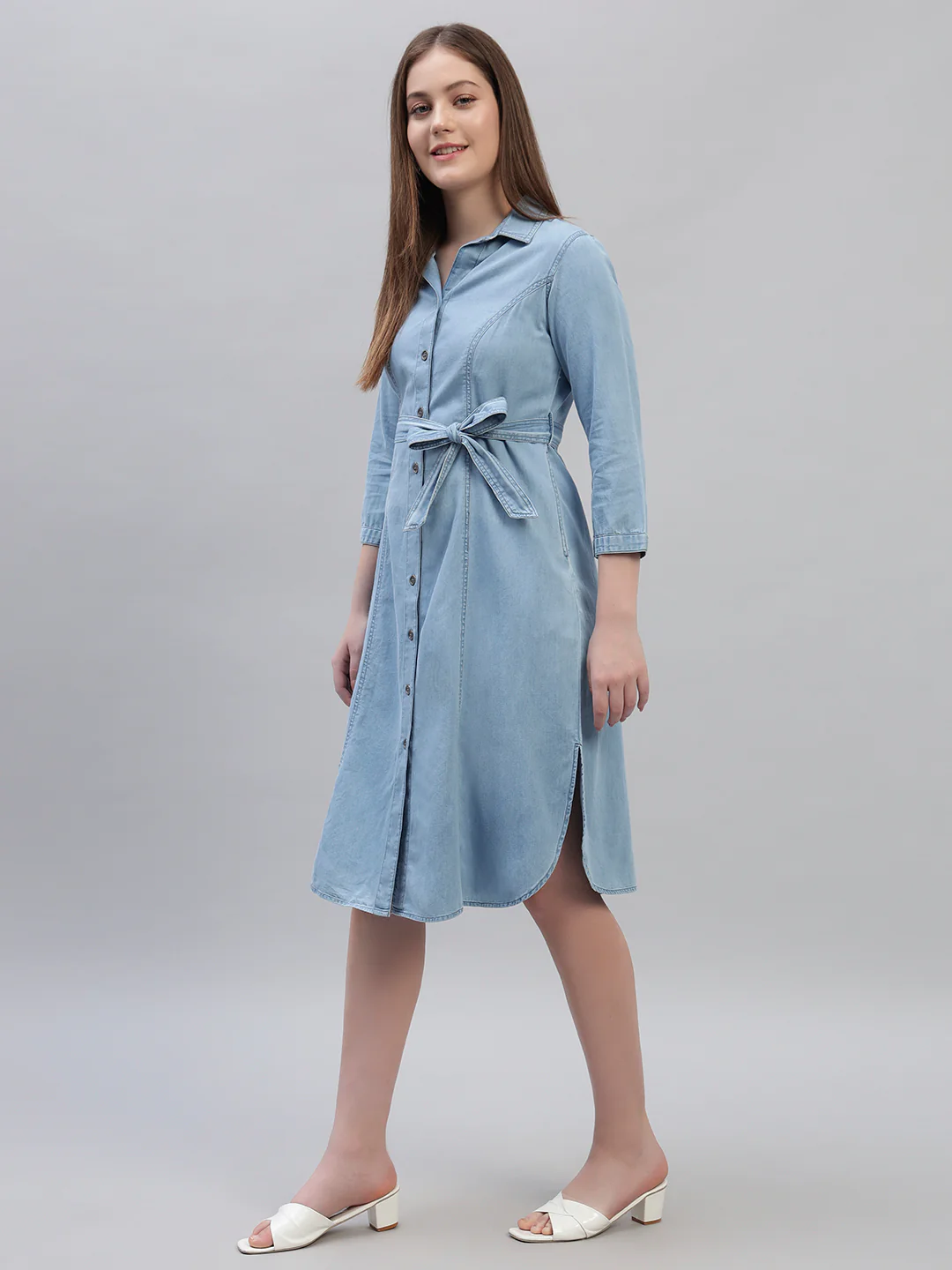 Women's Solid Blue 3/4th Sleeves Spread Collar Casual Dress - Image 5