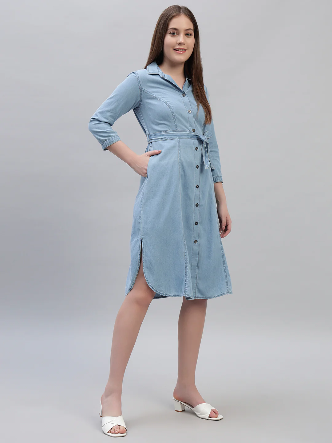 Women's Solid Blue 3/4th Sleeves Spread Collar Casual Dress - Image 6