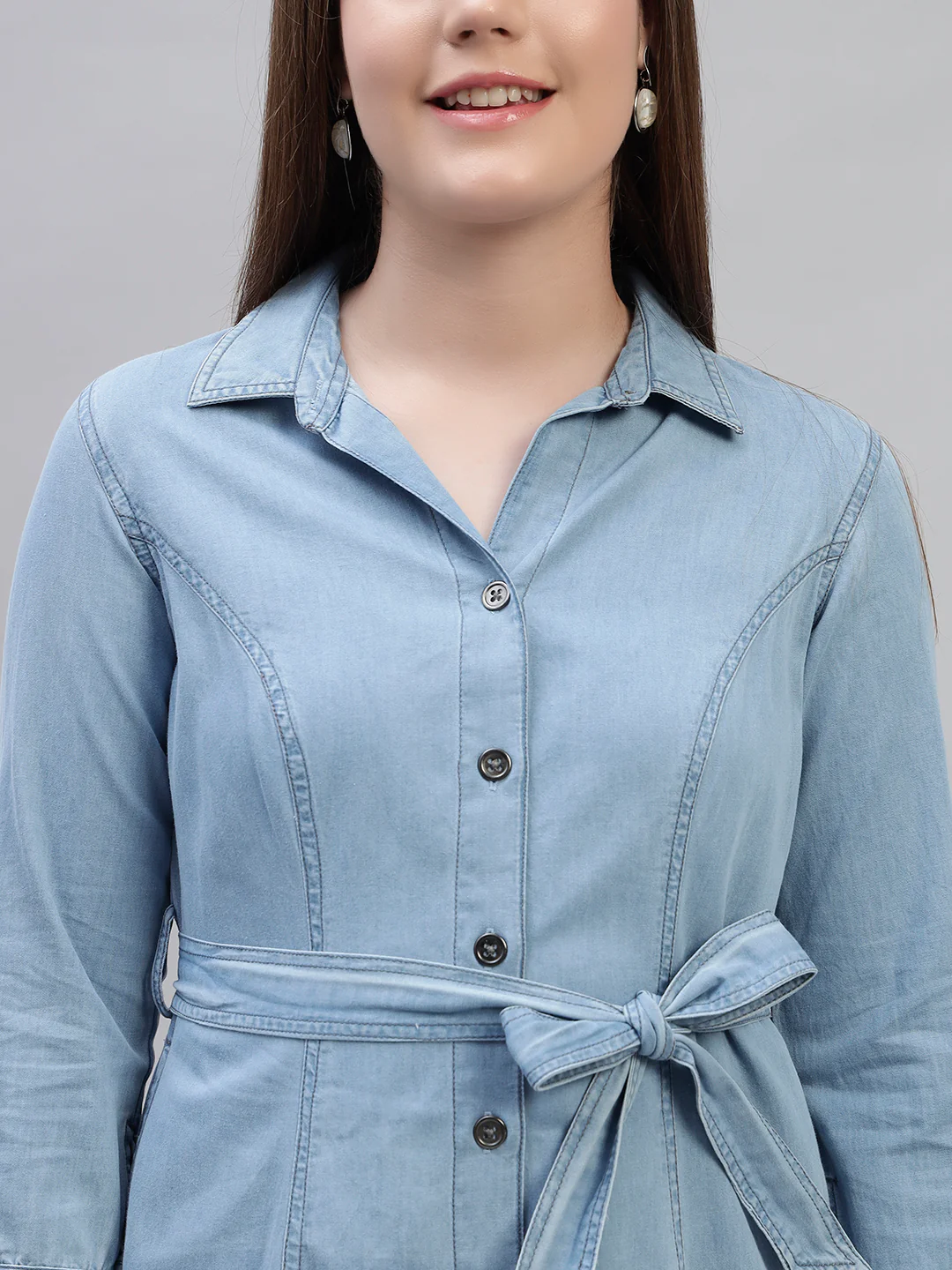 Women's Solid Blue 3/4th Sleeves Spread Collar Casual Dress - Image 7