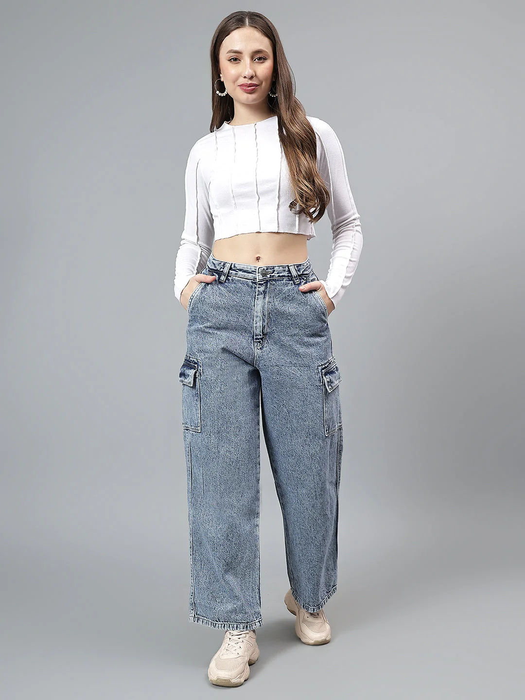 Women's Solid Blue Cargo Jeans - Image 7
