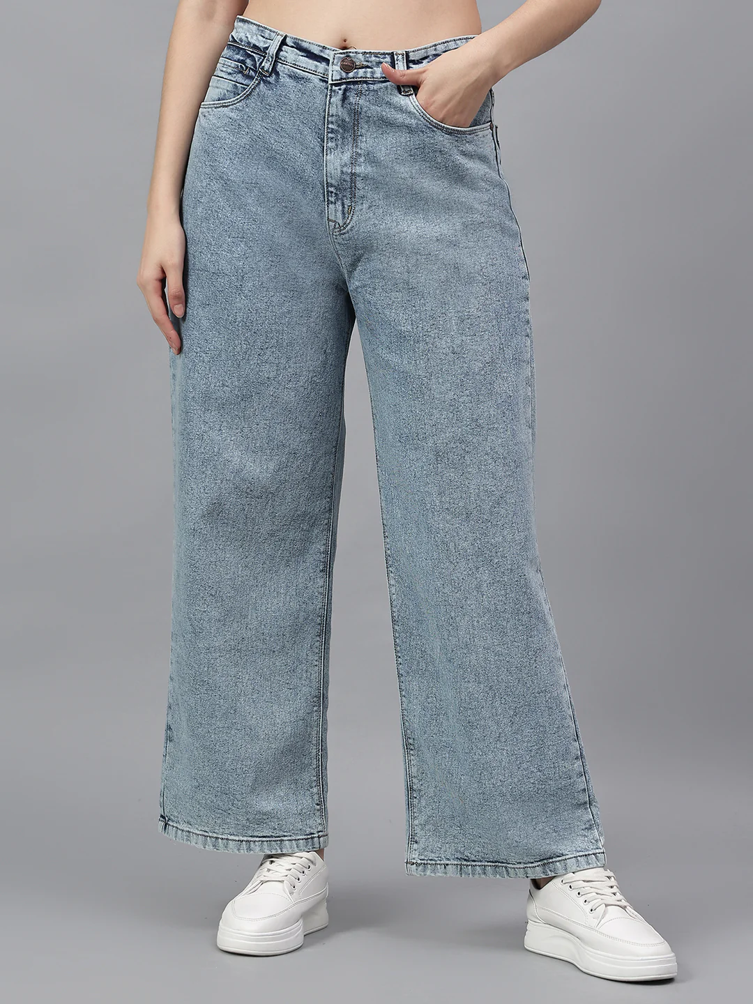 Women's Solid Blue Regular Fit Casual Jeans - Image 2