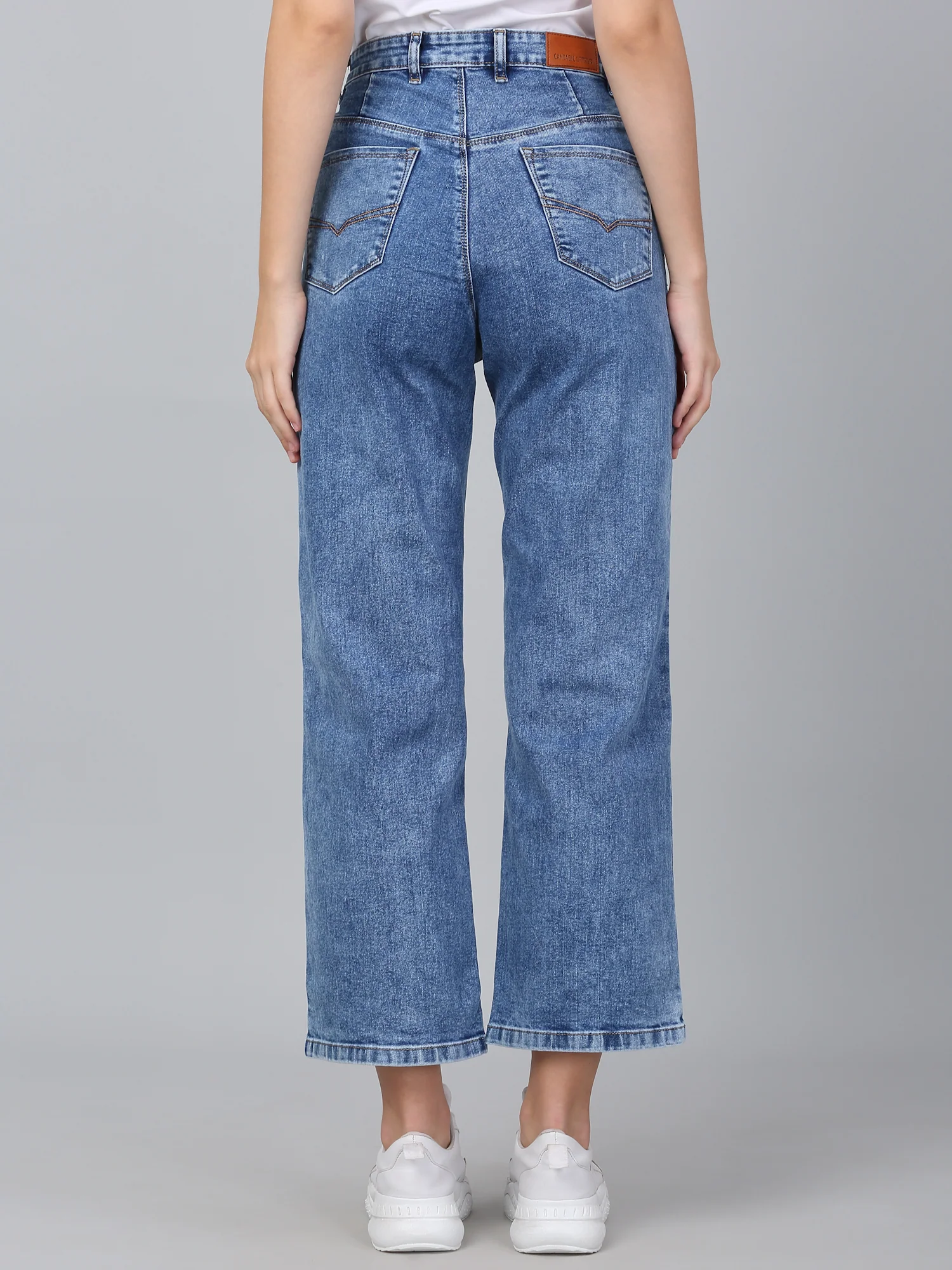 Women's Solid Blue Stretchable Wide Leg Jeans - Image 3