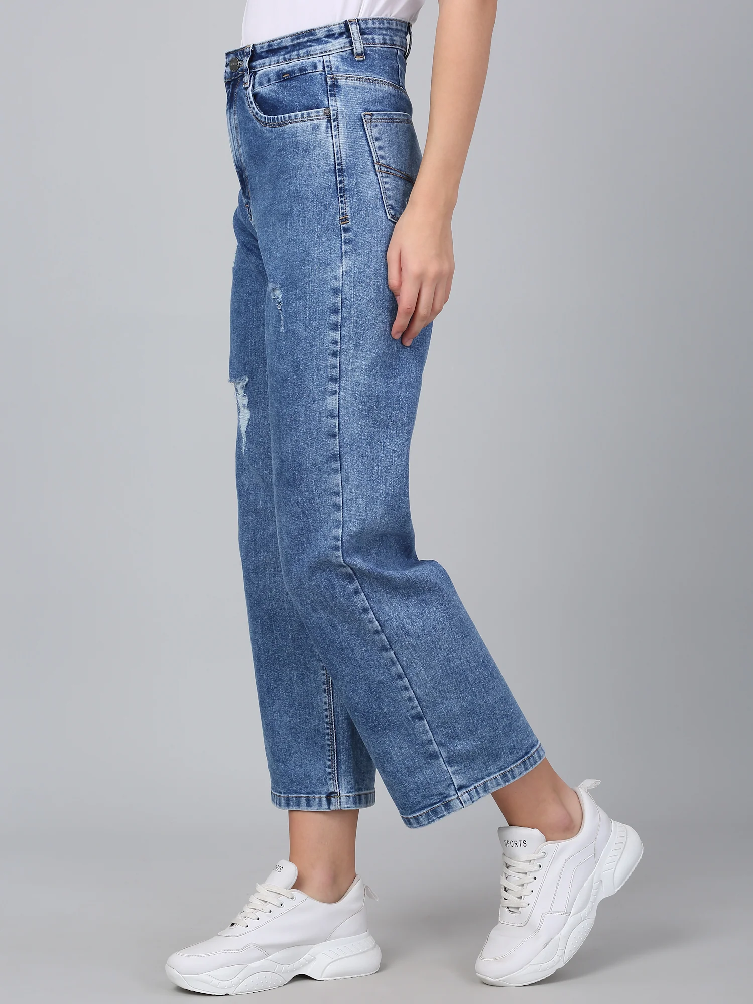 Women's Solid Blue Stretchable Wide Leg Jeans - Image 4
