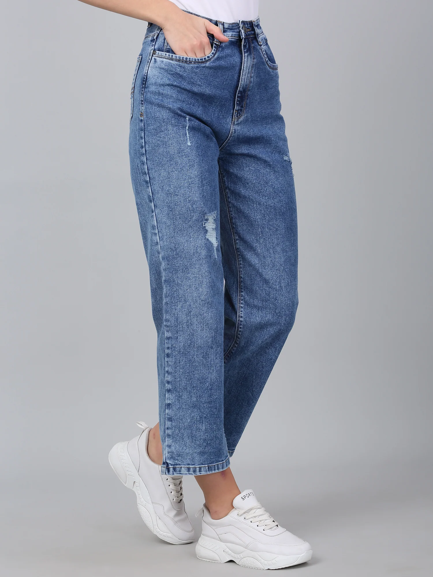 Women's Solid Blue Stretchable Wide Leg Jeans - Image 5