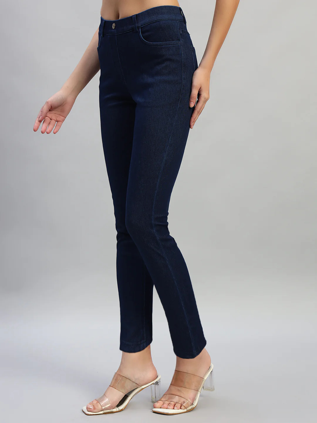 Women's Solid Dark Blue Regular Fit Casual Jegging Pant - Image 3