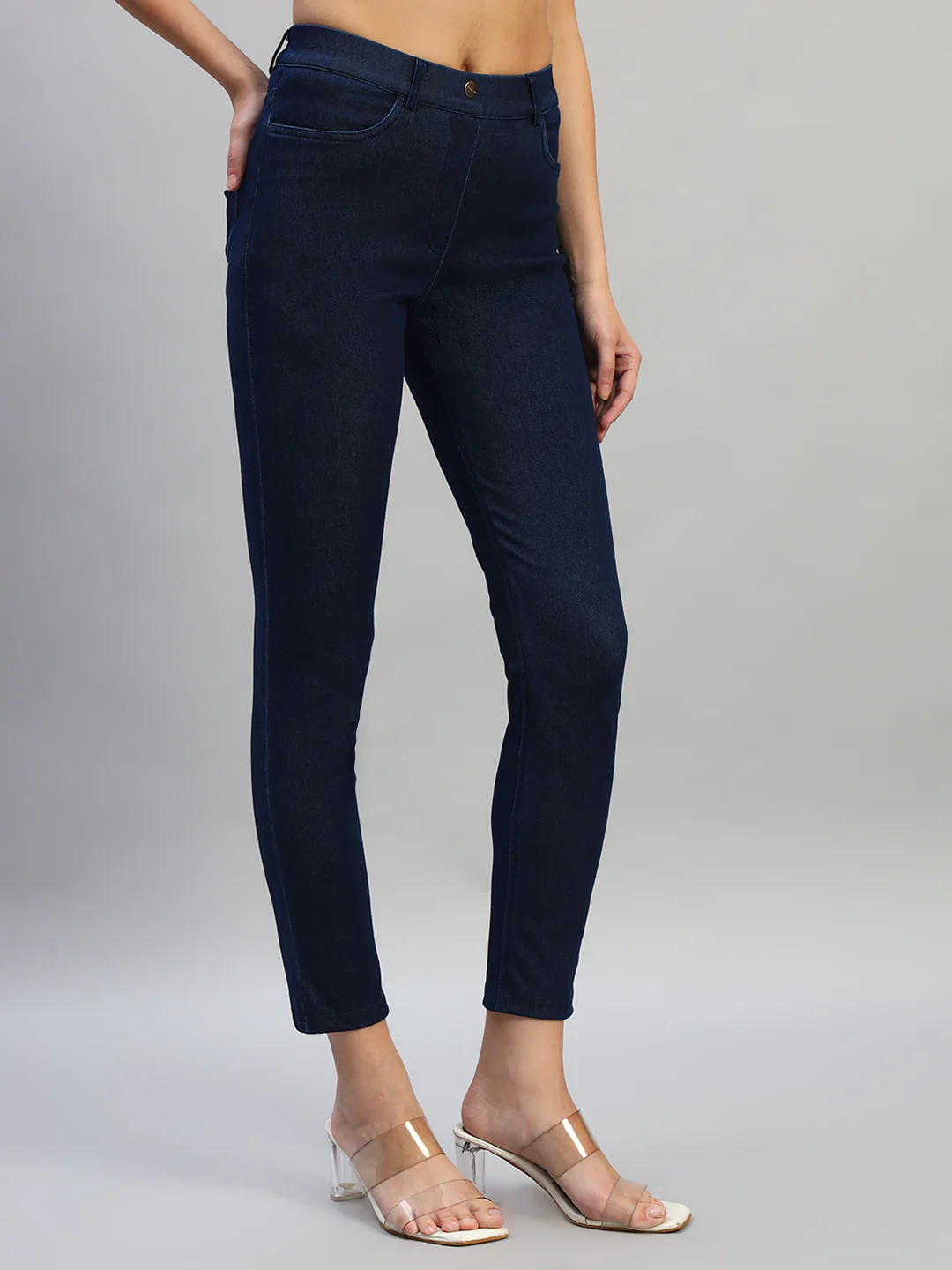 Women's Solid Dark Blue Regular Fit Casual Jegging Pant - Image 5