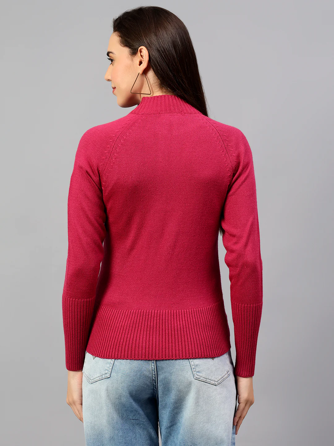 Women's Solid Dark Pink Full Sleeve Casual Sweater - Image 2