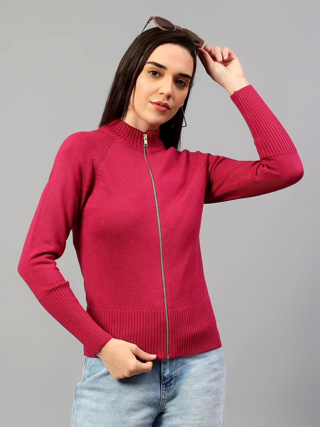 Women's Solid Dark Pink Full Sleeve Casual Sweater - Image 3