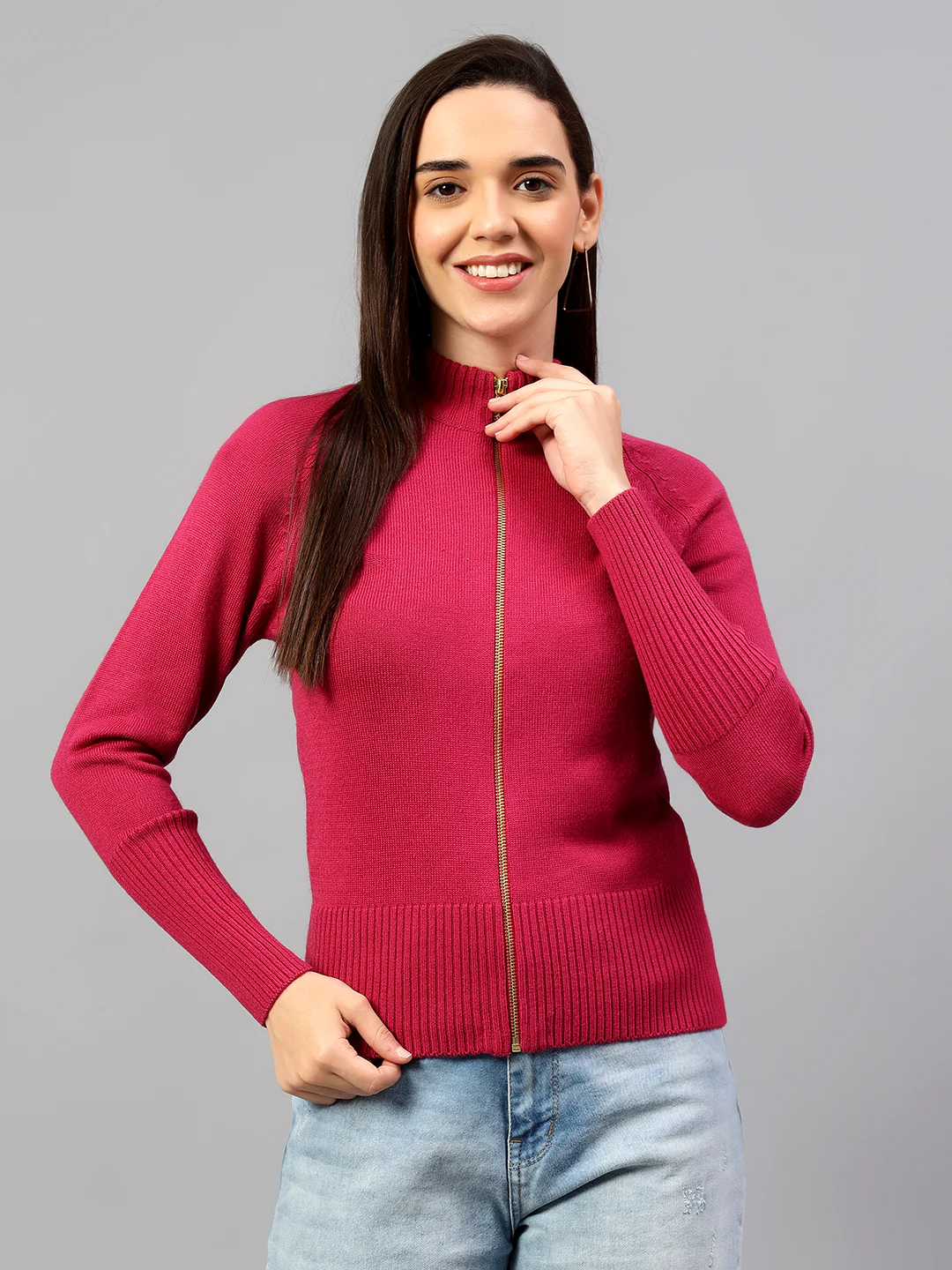 Women's Solid Dark Pink Full Sleeve Casual Sweater - Image 4