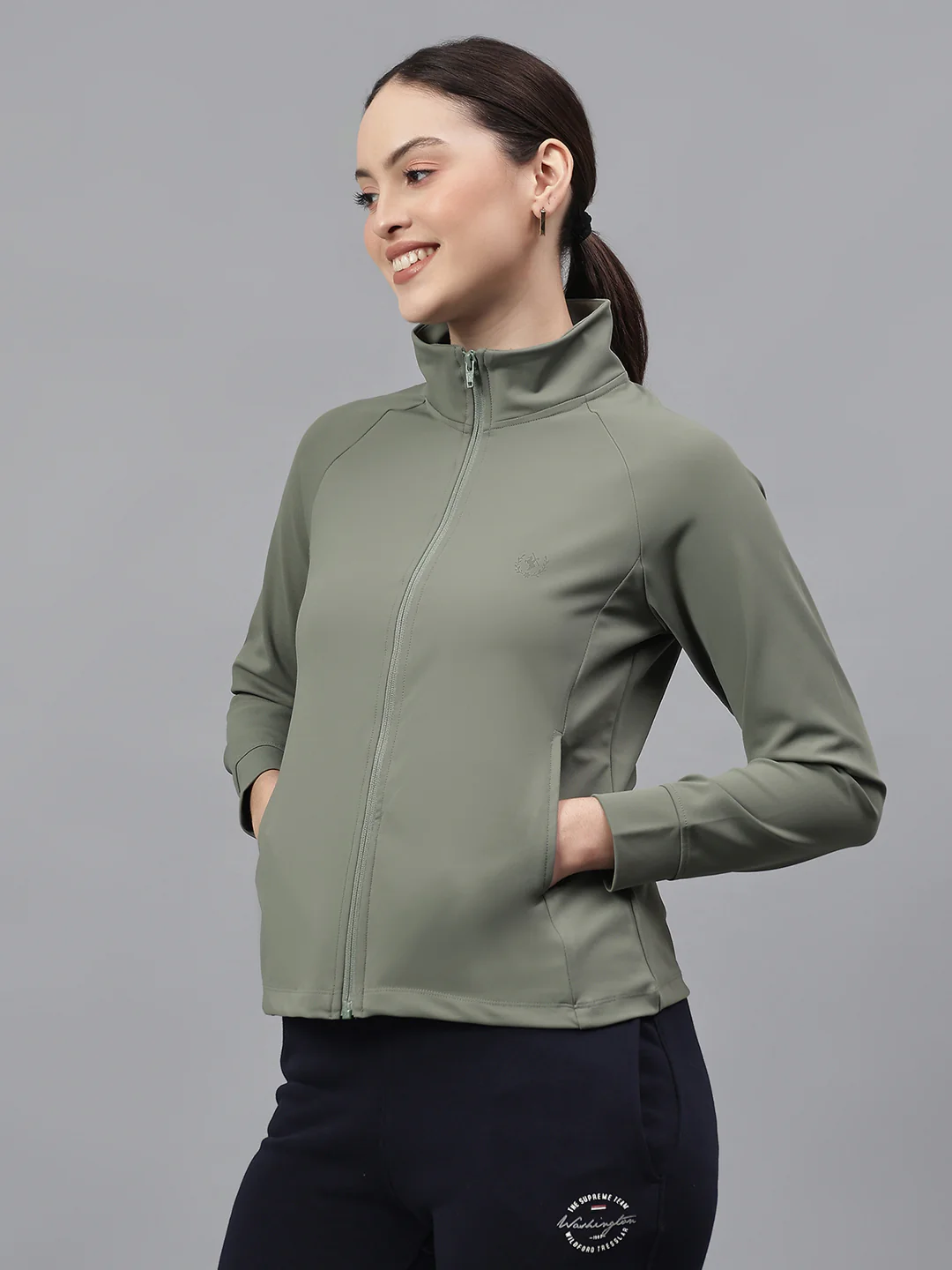 Women's Solid Green High Neck Full Sleeves Casual Jacket - Image 3