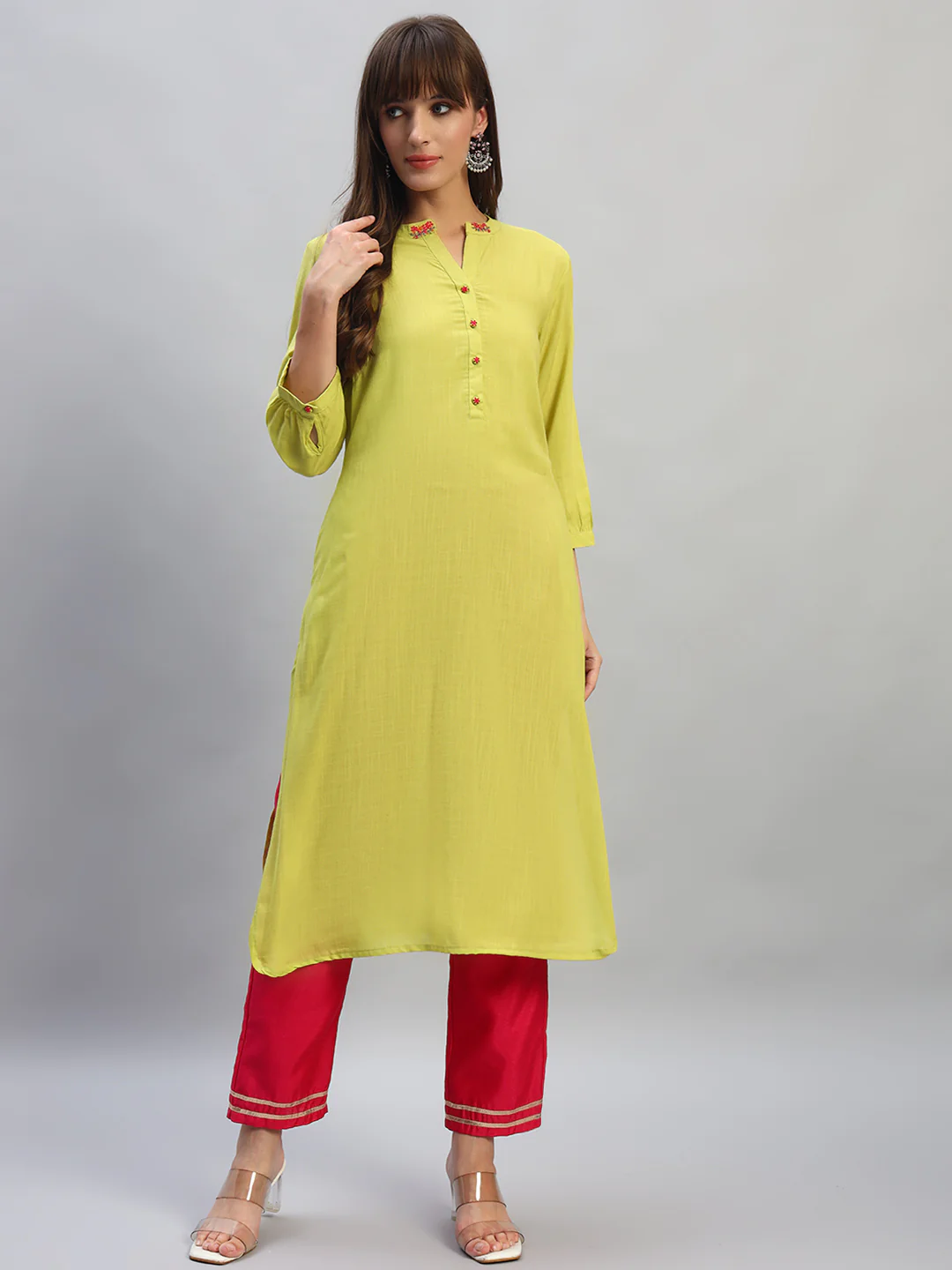 Women's Solid Green Mandarin Collar 3/4th Sleeves Casual Kurti - Image 2